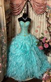 Vintage Ball Gown Sweetheart Blue With Gold Beads Ruffle Layers Long Quinceanera Dresses Sweet 15 16 Birthday Gown HZ0311