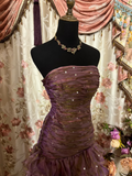 Vintage Mermaid Strapless Purple Organza 70s Sleeveless With Ruffles Long Prom Dresses Formal Evening Gowns HZ0311