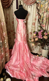Gorgeous Mermaid Strapless Pink Organza 70s Sleeveless With Ruffles Long Prom Dresses Formal Evening Gowns HZ0311