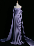Modest Mermaid Off The Shoulder Light Grape Satin Long Prom Dresses Party Dress Princess Graduation Dress HZ0311