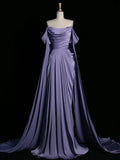 Modest Mermaid Off The Shoulder Light Grape Satin Long Prom Dresses Party Dress Princess Graduation Dress HZ0311
