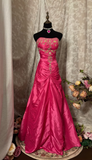 Vintage Mermaid Strapless Hot Pink Beaded Bodice Taffeta Prom Dresses Formal Party Teens Evening Gowns HZ0311