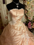 Noble Ball Gown Strapless Blush Pink Taffeta With Lace Ruched Ruffles Long Quinceanera Dresses Sweet 15 16 Birthday Gown HZ0311