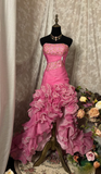 Vintage Ball Gown High Low Strapless Hot Pink Beaded Prom Dresses Formal Party Teens Evening Gowns HZ0311