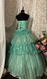 Noble Ball Gown Sweetheart Blue Tulle With Appliqued Lace Ruched Ruffles Long Quinceanera Dresses Sweet 15 16 Birthday Gown HZ0311