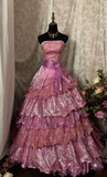 Graceful Ball Gown Strapless Lilac Organza With Appliqued Lace Ruched Ruffles Long Quinceanera Dresses Sweet 15 16 Birthday Gown HZ0311