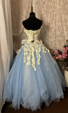 Unique Ball Gown Strapless Blue Tulle With Appliqued Lace Long Quinceanera Dresses Sweet 15 16 Birthday Gown HZ0311