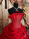 Princess Ball Gown Strapless Red Tulle With Ruffles Ruched Long Aesthetic Quinceanera Dresses Sweet 15 16 Birthday Gown HZ0311
