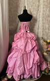 Princess Ball Gown Strapless Pink With Beaded Ruffles Ruched Long Aesthetic Quinceanera Dresses Sweet 15 16 Birthday Gown HZ0311