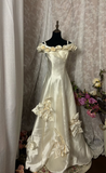 Vintage Elegant Ball Gown Off The Shoulder 60s Satin Ivory With Flowers Long Bride Dress Long Bride Dress Classy Wedding Dresses HZ0311