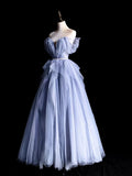 Modest Prom Dress Outfit Ball Gown Off The Shoulder Blue Tulle Long Prom Dresses Formal Evening Gowns HZ0311