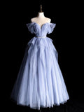 Modest Prom Dress Outfit Ball Gown Off The Shoulder Blue Tulle Long Prom Dresses Formal Evening Gowns HZ0311