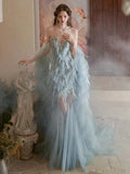 Vintage Mermaid Sweetheart Light Sky Blue Tulle Beaded Feathers Long Prom Dresses Formal Party Teens Evening Gowns HZ0311