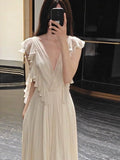 Gorgeous A Line V Neck Chiffon Ivory Long Prom Dresses Formal Party Teens Evening Gowns HZ0311
