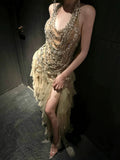 Vintage Mermaid Halter Champagne Tulle Silver Beaded Long Prom Dresses Formal Party Teens Evening Gowns HZ0311