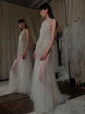 Sexy Mermaid Scoop Tulle With Pearls Gem Long Summer Bride Dress Long Bride Dress Classy Wedding Dresses HZ0311
