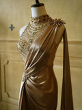 Gorgeous Mermaid One Shoulder High Neck With Beads Pleated Long Prom Dresses Formal Evening Gowns HZ0311