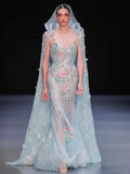 Gorgeous Mermaid Scoop Light Sky Blue Tulle With Lace Floral Beads Prom Dresses Formal Party Teens Evening Gowns HZ0311