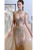 Sexy Mermaid V Neck Champagne Tulle With Beads Gem Long Summer Bride Dress Long Bride Dress Classy Wedding Dresses HZ0311