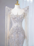 Sexy Mermaid Scoop Neck Tulle With Silver Beads Gem Long Summer Bride Dress Long Bride Dress Classy Wedding Dresses HZ0311