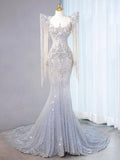 Sexy Mermaid Scoop Neck Tulle With Silver Beads Gem Long Summer Bride Dress Long Bride Dress Classy Wedding Dresses HZ0311