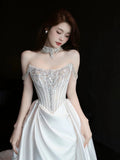 Sexy Mermaid Off The Shoulder White Satin Slit With Silver Beads Gem Long Bride Dress Long Bride Dress Classy Wedding Dresses HZ0311