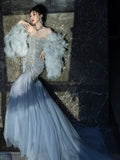 Gorgeous Mermaid Scoop Blue Tulle With Gem Beads Prom Dresses Formal Party Teens Evening Gowns HZ0311