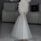 Vintage Mermaid Sweetheart White Tulle Beaded Feathers Long Prom Dresses Formal Party Teens Evening Gowns HZ0311