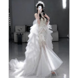 Vintage Mermaid Sweetheart White Tulle Beaded Feathers Long Prom Dresses Formal Party Teens Evening Gowns HZ0311