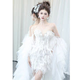 Vintage Mermaid Sweetheart White Tulle Beaded Feathers Long Prom Dresses Formal Party Teens Evening Gowns HZ0311