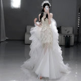 Vintage Mermaid Sweetheart White Tulle Beaded Feathers Long Prom Dresses Formal Party Teens Evening Gowns HZ0311