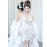 Vintage Mermaid Sweetheart White Tulle Beaded Feathers Long Prom Dresses Formal Party Teens Evening Gowns HZ0311