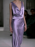 Gorgeous Sheath V Neck Light Grape Satin Pleated Long Prom Dresses Formal Evening Gowns HZ0311