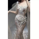 Sexy Mermaid Square Neck Champagne Tulle With Beads Gem Long Summer Bride Dress Long Bride Dress Classy Wedding Dresses HZ0311