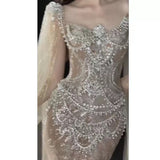 Sexy Mermaid Square Neck Champagne Tulle With Beads Gem Long Summer Bride Dress Long Bride Dress Classy Wedding Dresses HZ0311