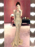 Vintage Mermaid Halter Champagne Tulle Silver Beaded Long Prom Dresses Formal Party Teens Evening Gowns HZ0311