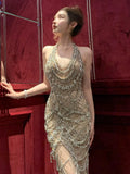 Vintage Mermaid Halter Champagne Tulle Silver Beaded Long Prom Dresses Formal Party Teens Evening Gowns HZ0311