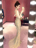 Vintage Mermaid Halter Champagne Tulle Silver Beaded Long Prom Dresses Formal Party Teens Evening Gowns HZ0311
