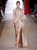 Gorgeous Mermaid One Shoulder Champagne High Neck With Beads Pleated Long Prom Dresses Formal Evening Gowns HZ0311