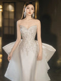 Sexy Mermaid Sweetheart White Satin With Silver Beads Gem Long Bride Dress Long Bride Dress Classy Wedding Dresses HZ0311