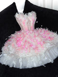 Luxury Ball Gown Strapless Pink Feathers Short 18th Birthday Dress Homecoming Dresses Cocktail Gown HZ0311