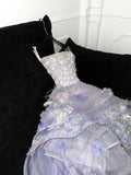 Modest Prom Dresses Ball Gown Strapless With Flowers Tulle Lilac Fashion Long Prom Dresses Party Gowns HZ0311
