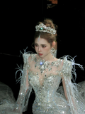 Shimmer Mermaid Long Sleeve Sequin Wedding Dress With Cape Feather Fairytale Brides Gown Wedding Dresses HZ0311