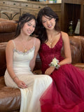 Modest Mermaid Spaghetti Straps Burgundy Lace Tulle Prom Dresses Inspiration Prom Dress Princess Graduation Dress HZ0311