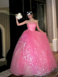 Sparkly Ball Gown Strapless Pink Sequin Long Quinceanera Dress Birthday Luxury Sweet 15 16 Birthday Outfits HZ0311