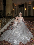 Luxurious Wedding Dresses Mermaid Style With Beaded Crystals Bodice Silver Sequin Bride Dress For Brides Fitted Bridal Gown HZ0311
