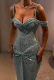 Blue Sequins Party Dress Off the Shoulder Sleeveless Prom Dress Evening Dress HZ0311