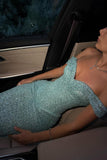 Blue Sequins Party Dress Off the Shoulder Sleeveless Prom Dress Evening Dress HZ0311