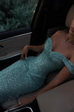 Blue Sequins Party Dress Off the Shoulder Sleeveless Prom Dress Evening Dress HZ0311