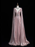Vintage A line V Neck Pink Beaded Bodice Satin With Cape Long Prom Dress Evening Outfits Formal Dress HZ0311
